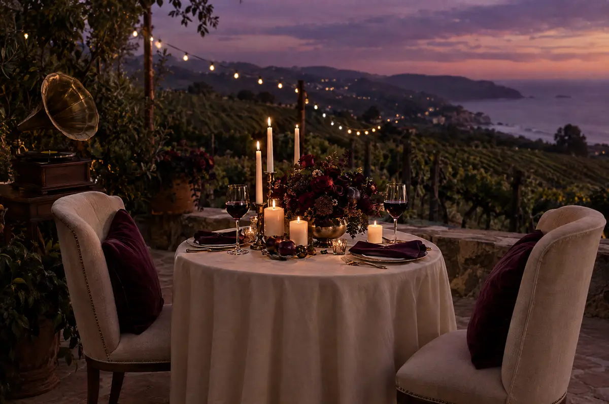A candlelit table for two on a vineyard terrace above Malibu at dusk