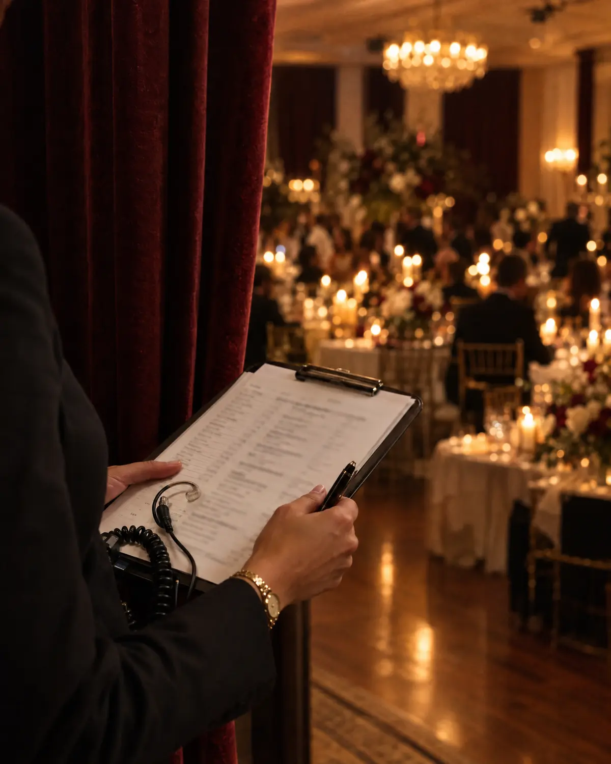 A planner’s hands holding a run-of-show clipboard and radio earpiece backstage at a reception