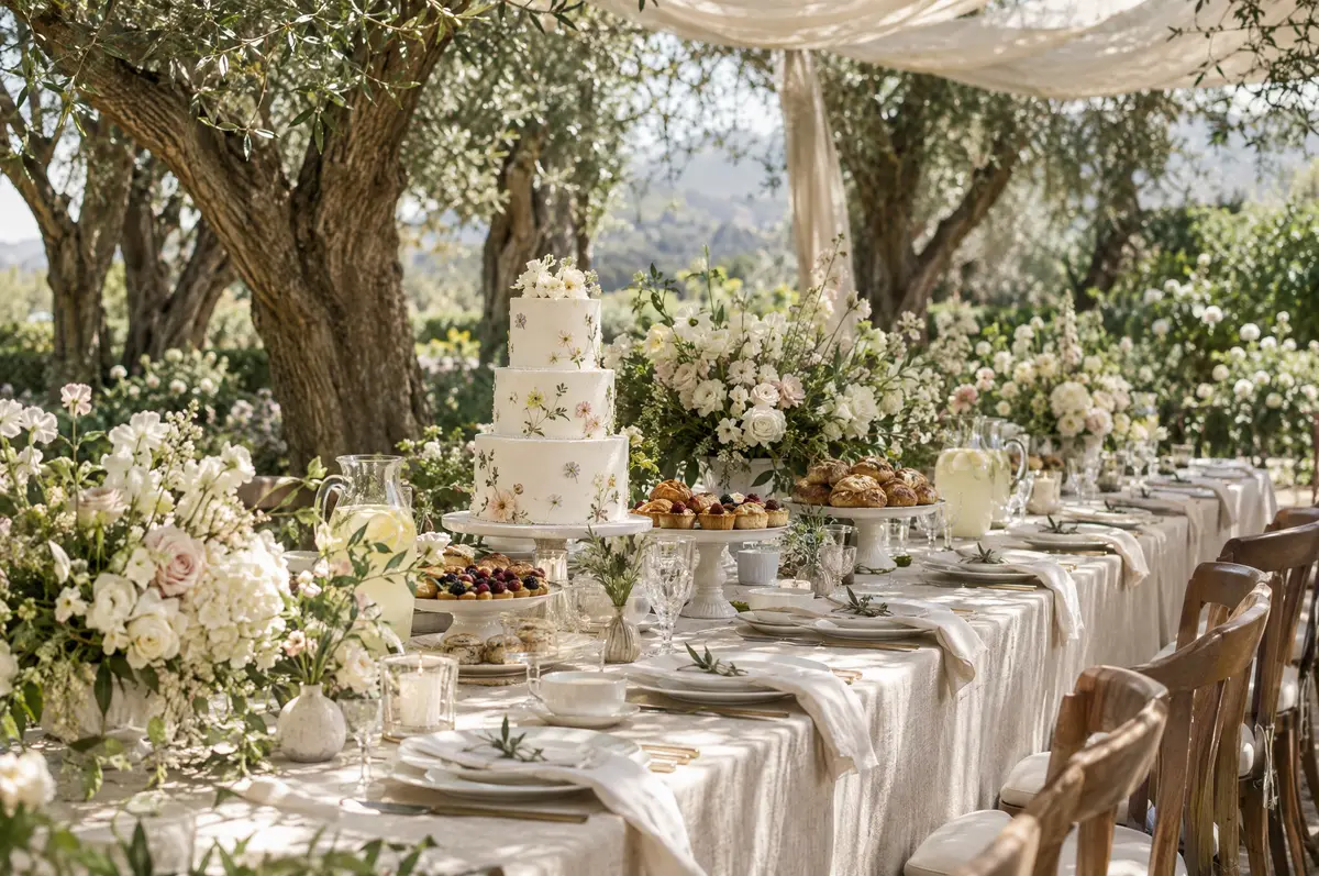 A garden brunch table under olive trees with sage and white flowers and a pressed-flower cake
