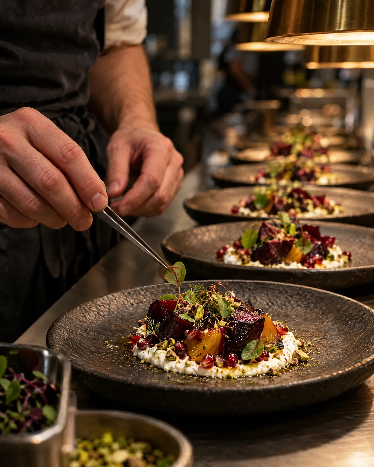 A chef using tweezers to finish a plated beet and pomegranate course at the catering pass