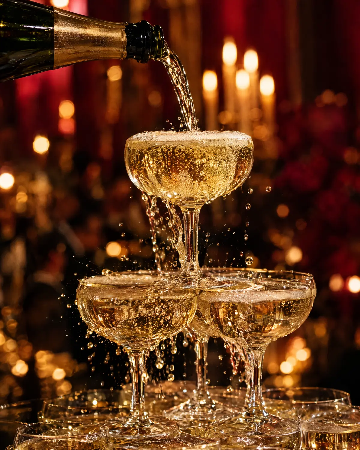 Champagne cascading down a tower of coupes in a candlelit ballroom