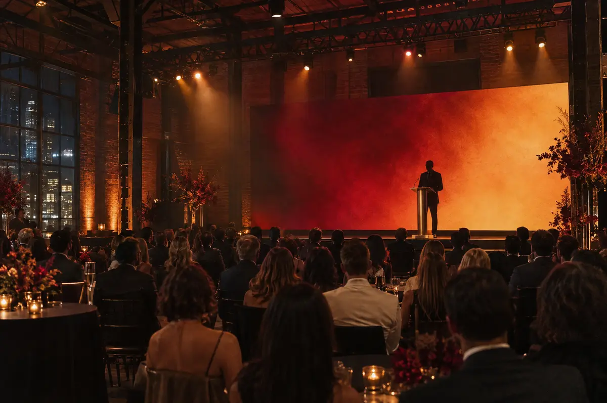 A speaker at a brass lectern addressing guests in a converted industrial venue in downtown Los Angeles