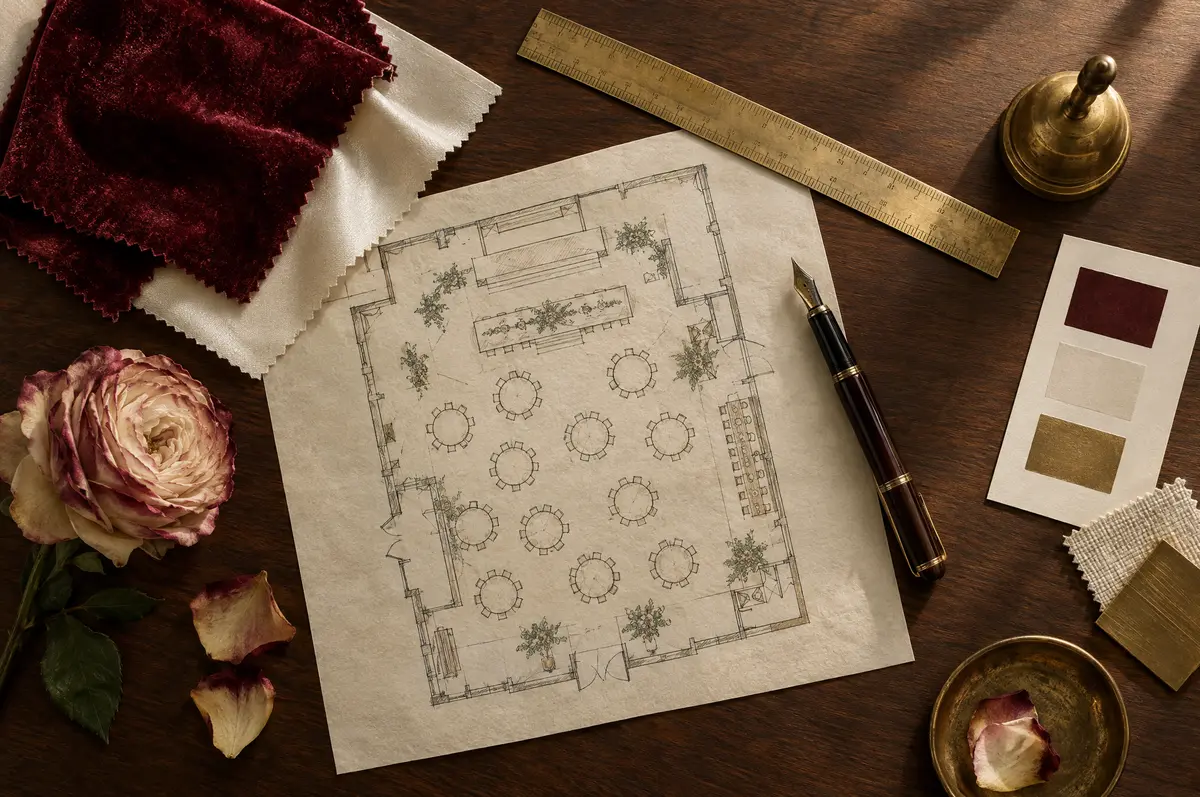 A hand-drawn event floor plan with a brass ruler, fountain pen and fabric swatches on a walnut desk