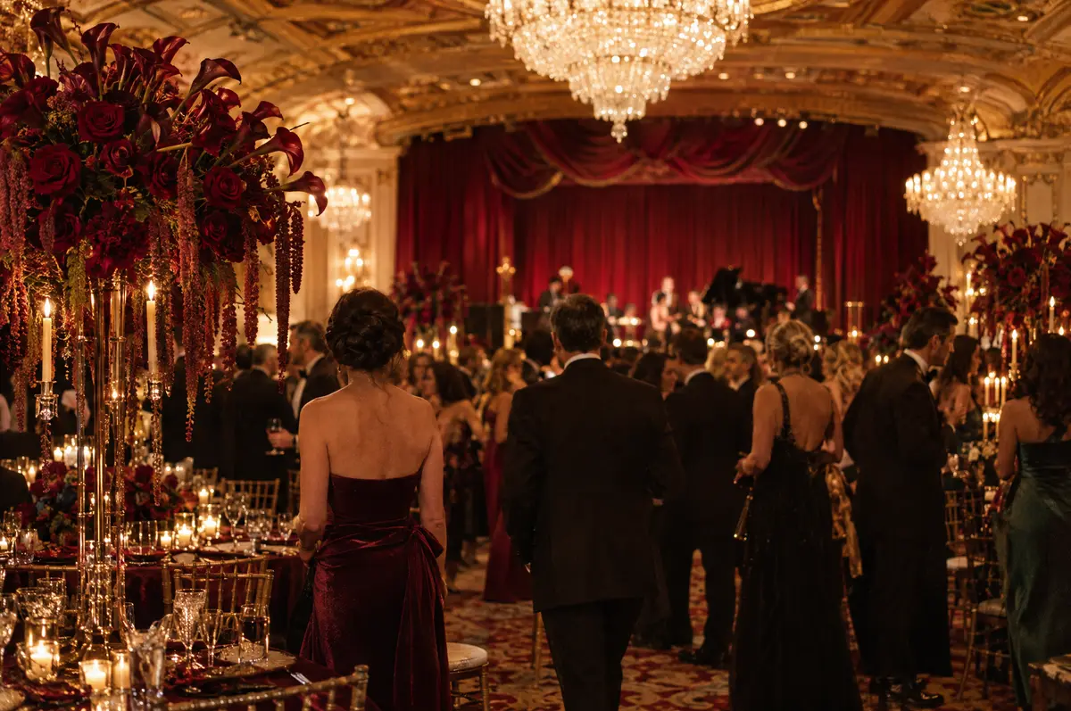 Black-tie guests mingling among candelabra centerpieces in a gilded hotel ballroom