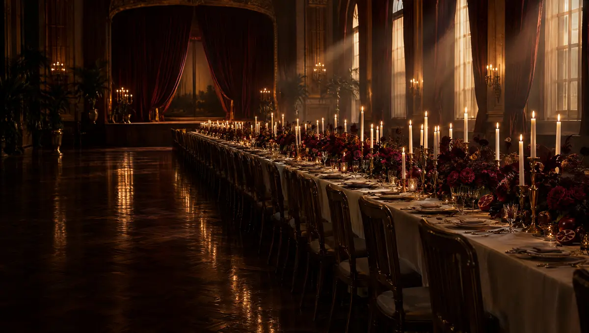A candlelit 1920s Los Angeles ballroom set for a banquet, velvet stage curtains parted at the far end