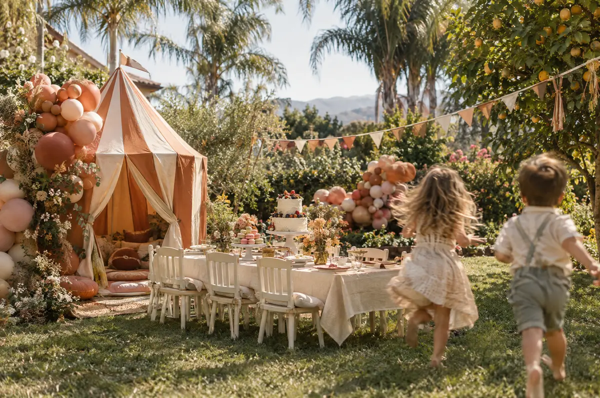A striped mini circus tent, pastel cake and balloons at a backyard children’s party