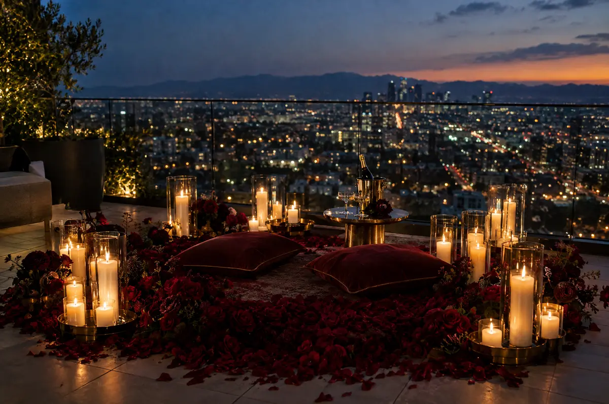 A rooftop proposal set with a ring of candles and roses above the Los Angeles skyline at dusk