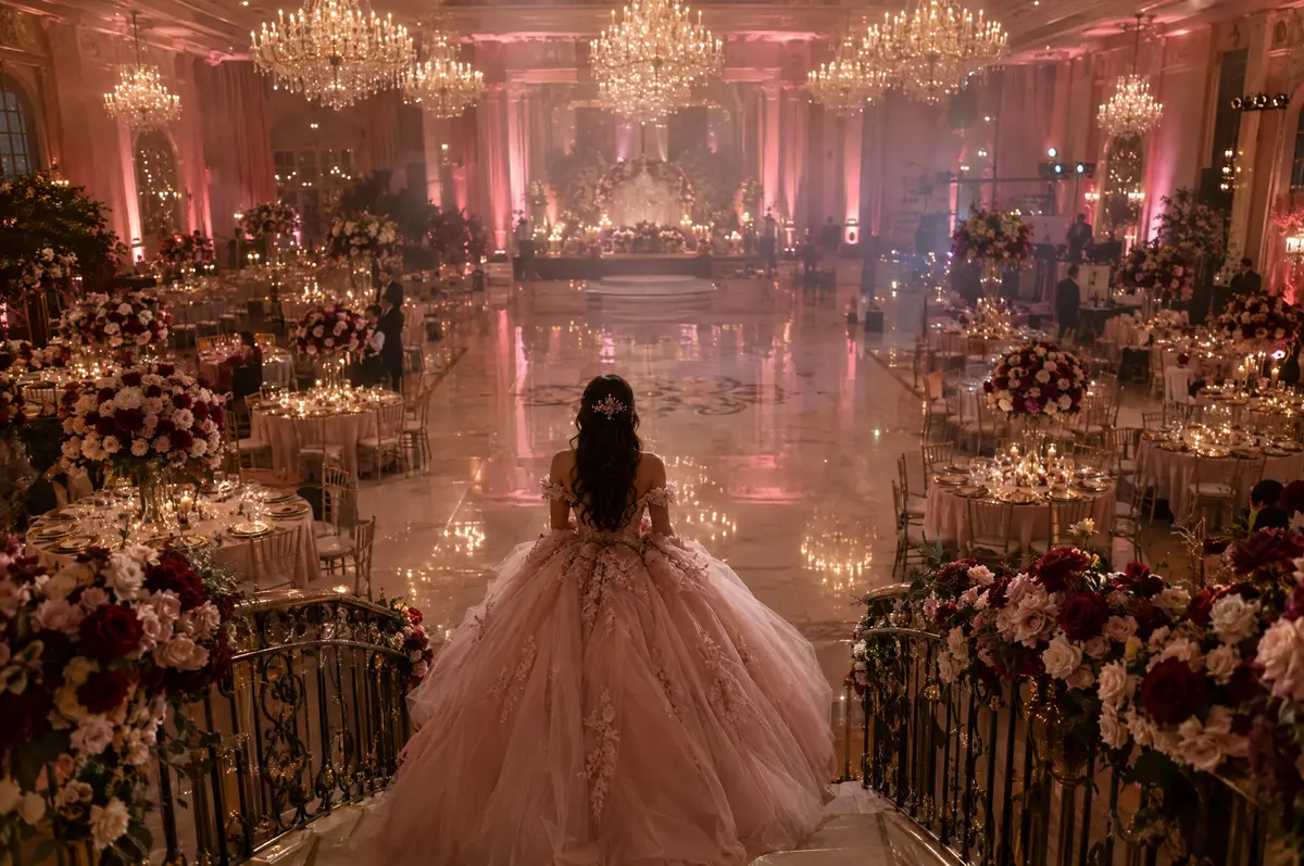 A quinceañera in a blush ball gown at the top of a ballroom staircase above the dance floor