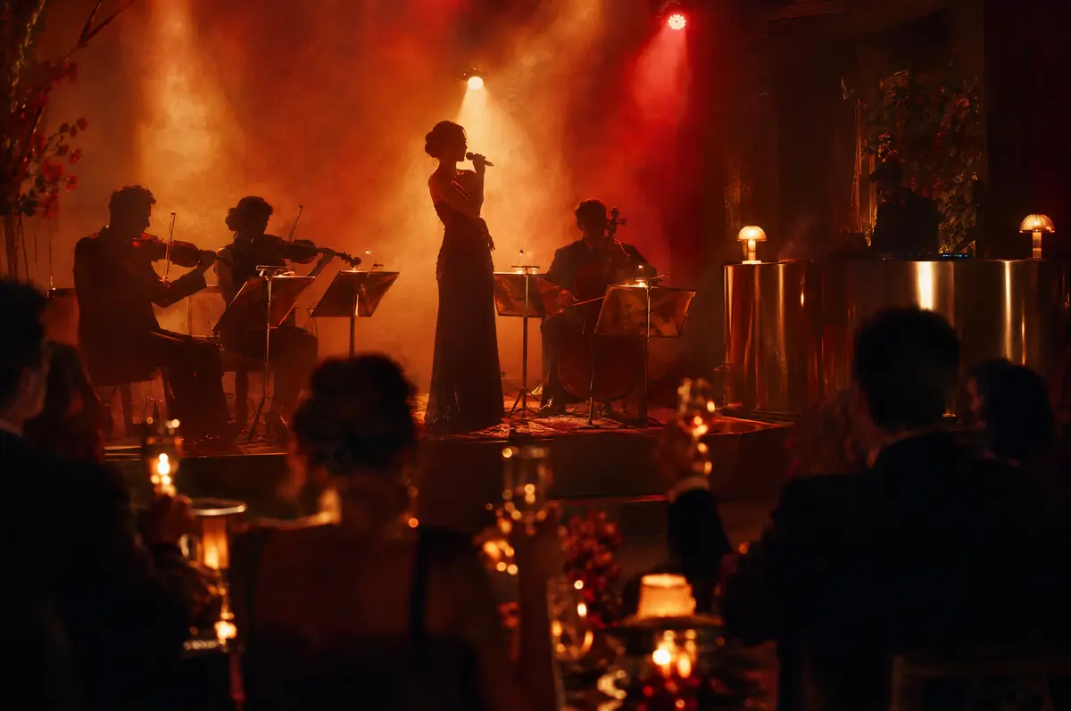 A string quartet and vocalist performing in silhouette under amber and red stage lights