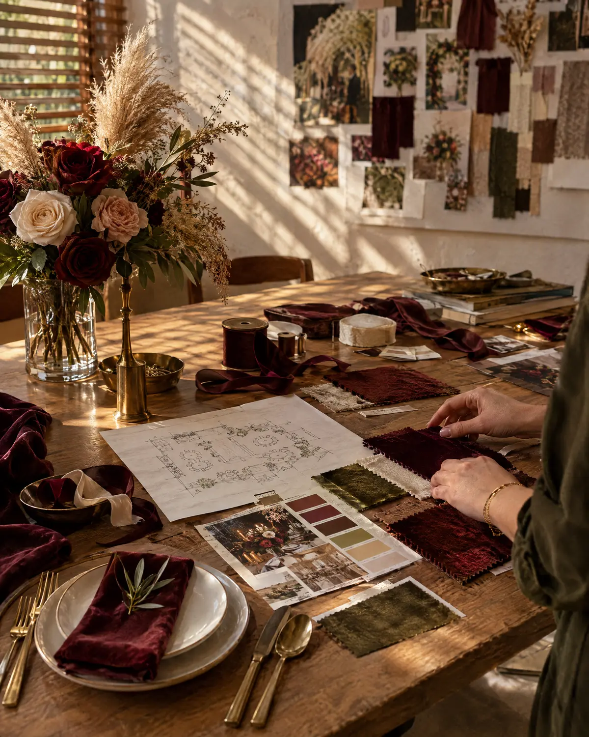 Fabric swatches, sample place settings and a floor plan sketch on the worktable of the Reseda design studio
