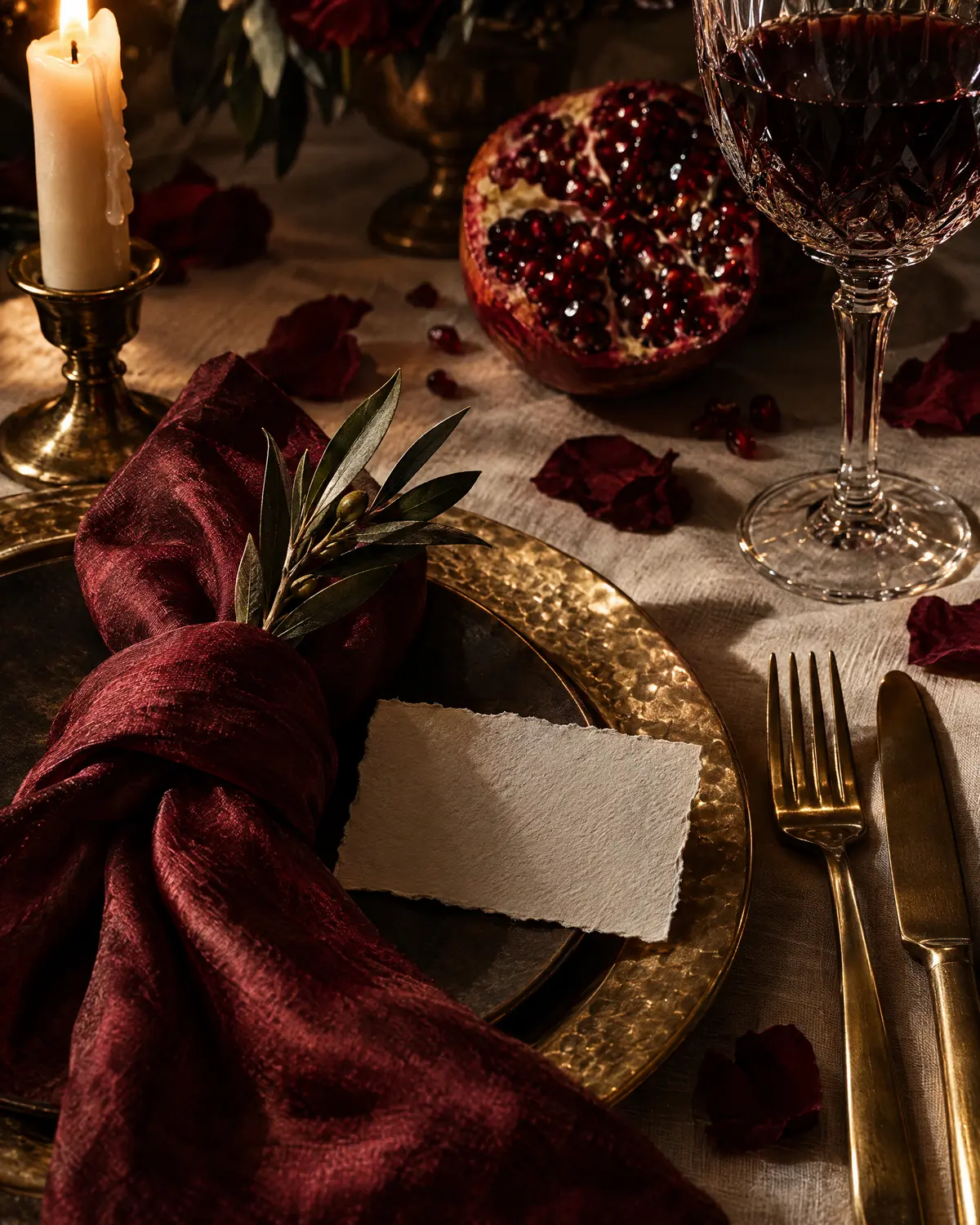 Close-up of a tablescape with a garnet silk napkin, brass flatware, a halved pomegranate and a taper candle
