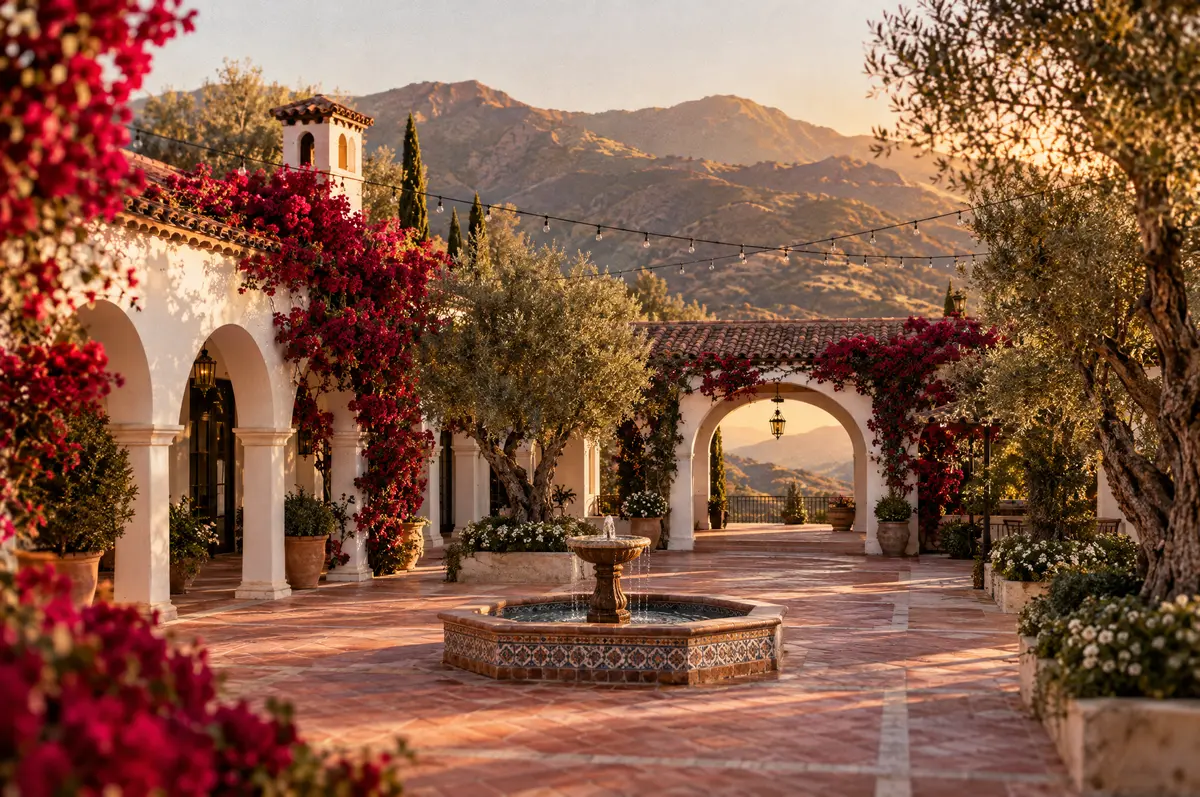 An empty Spanish Revival estate courtyard with fountain and bougainvillea at golden hour