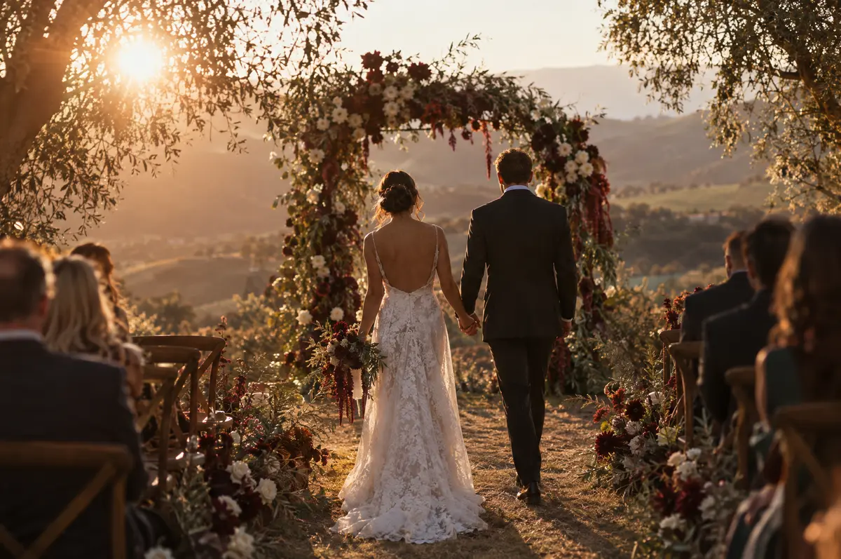A couple walking toward a floral ceremony arch at a hillside estate at golden hour